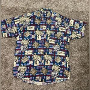 Vintage Ducks Unlimited mens large fisherman‎ print short sleeve button up shirt